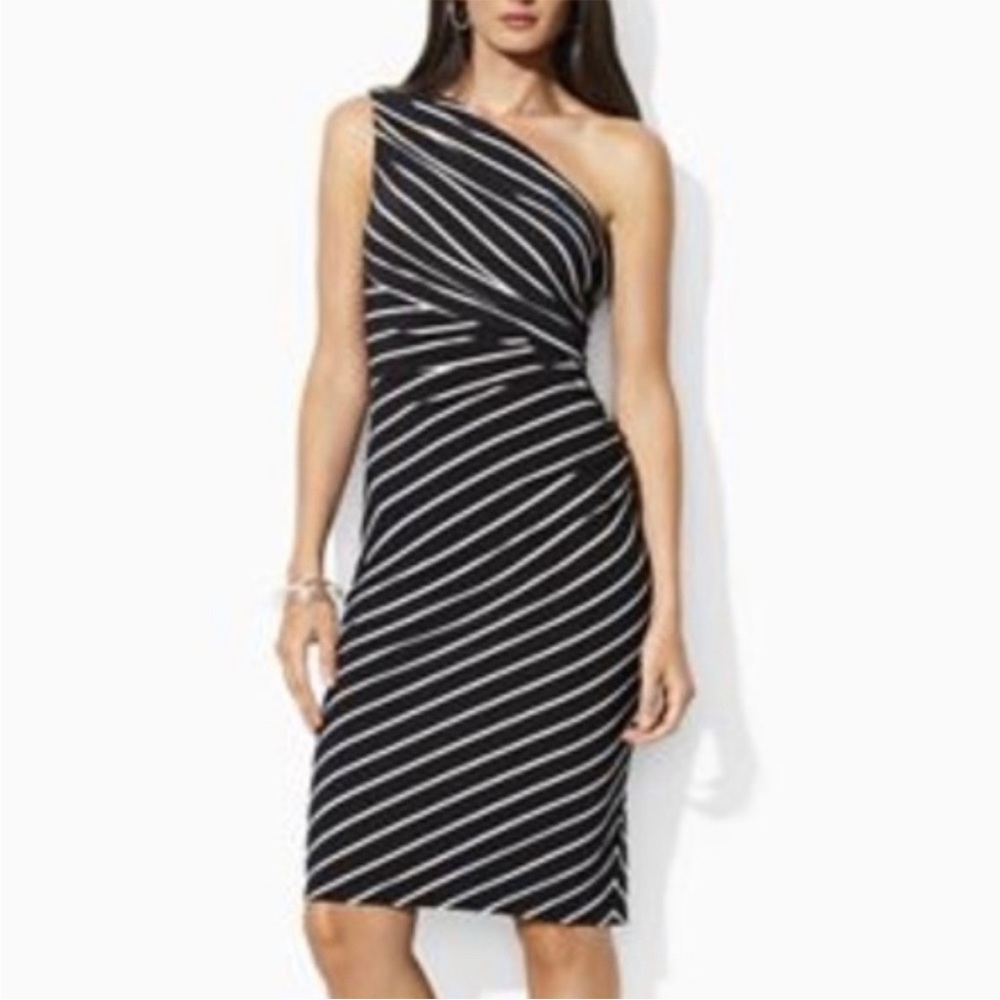 Lauren Ralph Lauren One Shoulder Striped Side Ruched Dress Size 2